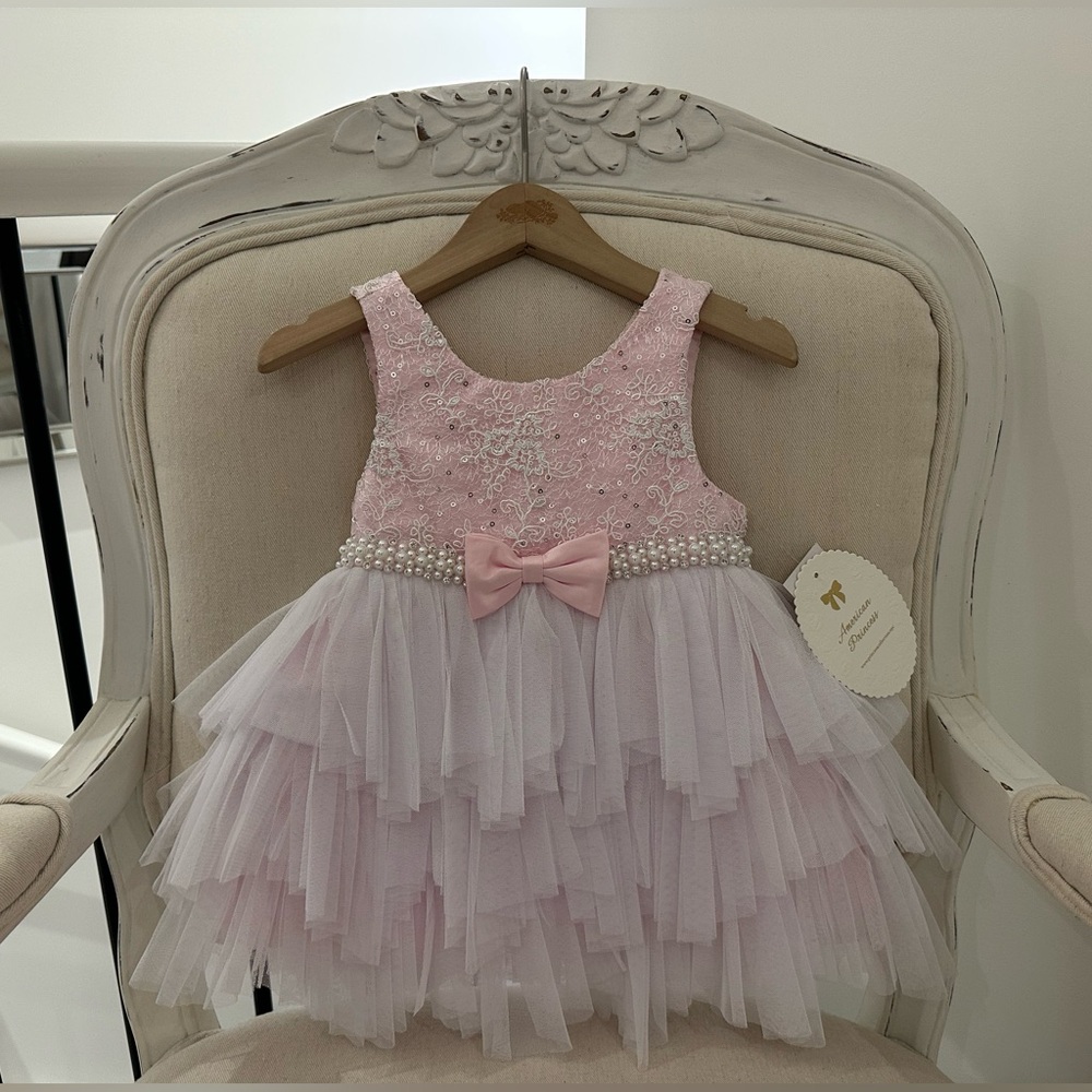 🦢 24 Mth Pink and White Layered Tulle, Crystal & Pearl Princess Baby Dress NWT